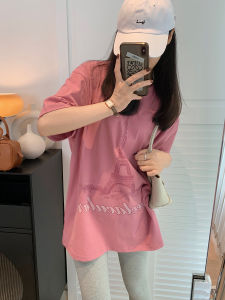 round Neck Pure Cotton Short Sleeve T-Shirt Womens Midi Length Butt Covering T-Shirt Dress Lazy Style Eiffel Tower Print Top Oversize Tee
