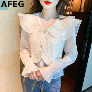 AFEG Korean version doll collar fashion loose temperament chiffon stitching long sleeve blouse for women