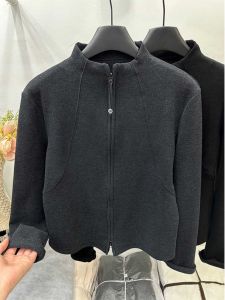 Womens Double-sided Velvet Cardigan with Zipper Half-high Collar Slimming Outerwear Korean Style Long Sleeve Winter Jacket