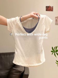 V.C.I | Design Colorblock Faux-layer V-neck Straight-shoulder Slimming Shirt