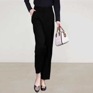 High Waist Straight Leg Pants Womens Spring Autumn Casual Fashion Korean Style Pocket Detail Polyester Blend Nine-Tenths Length