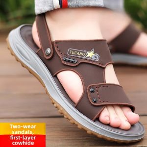 Mens Summer Sandals Thick Bottom Leather Beach Shoes Anti-Slip Outdoor Wearable Slippers Sporty Flat Heel Comfortable Footwear