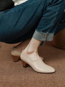 French Vintage Leather Deep Mouth round Head High Heel Shoes British Style Slip-On Loafers Womens Canister Shoes Fashionable Commute