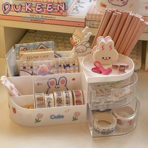 Dukeen Creative Desktop Storage Box Organizer Plastic Drawer Transparent Kawaii Ins Multifunction Student Pen Holder Organizer Box Cute