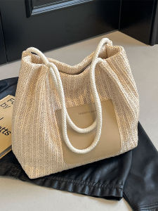 Handwoven Straw Tote Bag Womens Summer Beach Vacation Large Capacity Shoulder Bag Casual Fashion Soft Handle Zipper Closure