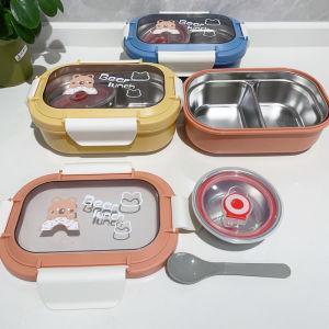 Double Layer 304 Stainless Steel Lunch Box Cute Elementary School Student Bento Box Insulated Divided Dinner Plate with Utensils Bowl