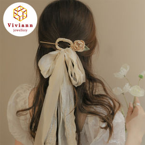Viviann Original Design Fashion Mesh Ribbon Flower Hairpin Temperament Bowtie Headwear Headband Women Hair Claw Elegant Gold Flowers Hair Clips Barrette Headband Clip Headwear Hair Accessories Bride Hairpins Braiding Flower Hair Clip