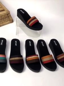 Sandal Wedges Wanita Dewasa Selop Rajut Turki Motif Pelangi Non Slip Terbaru
