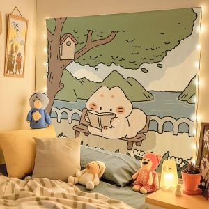VIKAMA Warm Bedroom Sleeping Bear Tapestry Wall Art for Bedroom Living Room Decoration Grid Bedding Bear Healing Illustration
