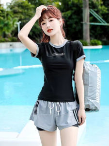 Conservative Swimwear for Women | Korean White Shorts & Tops with Sleeves Black Beach Swimsuit Terno