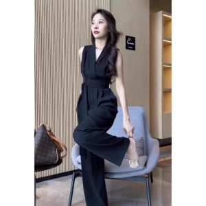 Fashionable High-waisted Tie Wide-leg Jumpsuit Pants