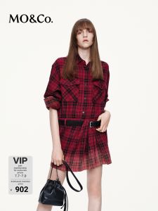 MO&Co. | Autumn Spring Cotton Black Red Check Gradual Color Waist Belt Included Dress