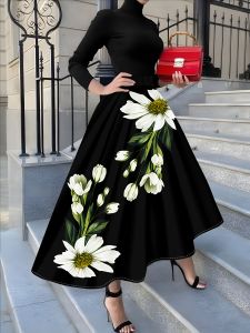 Printed Design A four-season white Daisy floral print vacation-style womens Half-length skirt