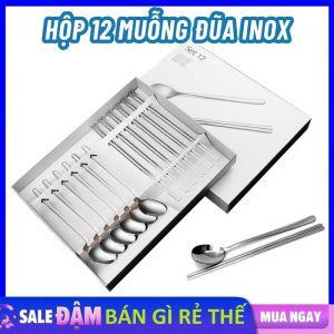 Hộp 12 Thìa inox  Đũa inox Cán Dài 21cm cao Cấp sang trọng - Bộ 12 Muỗng Đũa Inox Cao Cấp Full Hộp Sang Trọng / Muỗng ăn cơm  Thìa Cà phê  Thìa ăn cháo  Thìa inox