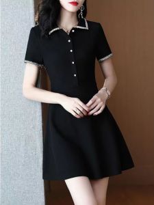 Hepburn Style Dress Womens Summer New Arrival Accessible Luxury Classic Style Waist-Controlled Slim Fit Slimming Polo Collar Short Sleeve Black Dress