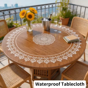 Round Clear Table Cover White Lace Pattern PVC Waterproof Table Mat Protector Lazy Susan Tablecloth For Indoor Outdoor Dining Tables
