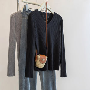 American Retro V-Neck Grey Sweater Womens Spring Autumn 2025 New Slimming Knitted Base Shirt Top Female Fashion