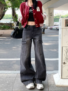 สูง เอว ขาตรง สีดำ กางเกงยีนส์ขากว้าง ผู้หญิง ฤดูใบไม้ร่วง รูปแบบใหม่ พรางหุ่น หลากหลาย กางเกงขายาว ลำลอง ผ้าฝ้าย Blend