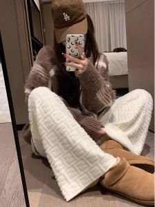 Quần Ống Rộng Dệt Kim Lót Lông Cừu Họa Tiết Chữ Cái Cho Nữ Mùa Thu Đông Quần Dài Cao Cấp Thoải Mái Rộng Rãi