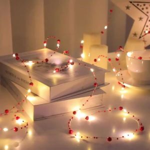 1pc 20/50 LED Red White Pearl Copper Wire String Lights Battery Operated Pearlized Fairy Lamp For Wedding Home Festival Decor