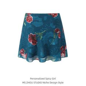 New Chinese Style A-Line Mini Skirt Womens Retro Embroidered Slimming Mesh Print Skirts High Waist Short Dresses