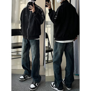 American Style Retro Blue Mens Jeans Spring Autumn Loose Straight Tube Pants Trendy Wear Resistant Cotton Polyester Blend