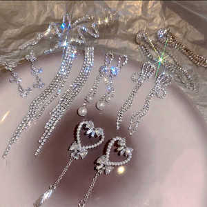 Korean Style Super Shiny Zircon Butterfly Knot Tassel Earrings S925 Pure Silver Fresh out Fashion Jewelry Womens Earrings
