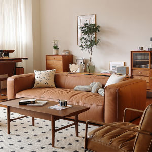 2025 New Vintage Style Oil Wax Leather Sofa Three-Seater Living Room Home Use Straight Row Real Leather Couch for Small Spaces