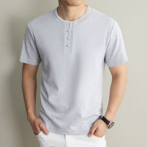 J&FO | Men Summer American Casual Color Blocking Henley Neck Cotton T-Shirt