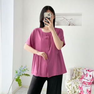 Summer New Womens Cotton Silk T-Shirt Loose Casual Style Button up Large Size Artificial Cotton Short Sleeve Top
