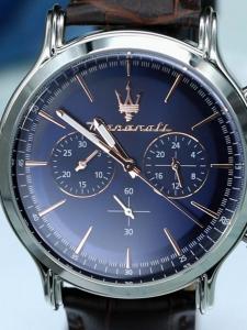 [2 Years Warranty] Maserati Epoca 42mm Blue Dial Brown Leather Strap Chronograph Mens Quartz Watch R8871618014 with Luminous Hands