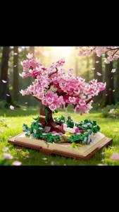 Romantic Cherry Blossom Flower Pink Tree Sakura Tree House Building Blocks Model Desktop Decoration Toys Gift For Teenager Adult