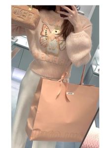Spring Autumn 2025 New Pink Knitwear Womens Design Heavy Embroidery Short Style round Neck Top Quality Fashionable Commute