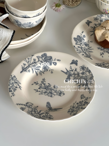 Retro Chinese Style Ceramic 8 Inch Dessert Plate High Aesthetic Value Western Dining Plate Flat Plate Floral Pattern Edge Design