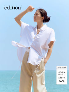 Edition Womens Loose Short Sleeve Shirt Summer New Style Waist-Cinching White Cotton Blend Fashionable Versatile Pure Color