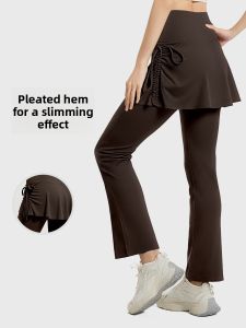Summer New Womens Yoga Pants Pleated Flared Skirt Design High Waist Butt Lifting Polyester Spandex Blend Breathable Quick Dry