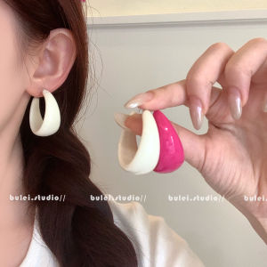 Retro C-Shaped Pink Earrings Womens Sweet Exaggerated 925 Silver Needle round Ring Ear Jewelry Clip-On Fashion Accessories