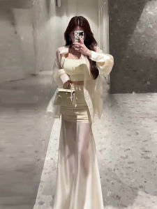 Summer 2024 Fashionable Versatile Sun Protection Split Blouse Mesh Splice Gathered Wrap around Skirt Two Piece Set Womens Wear