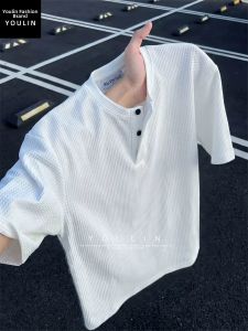 YOULIN | White Waffle Fabric Henley Short Sleeve T-Shirt Thin Breathable Cool Feeling Summer