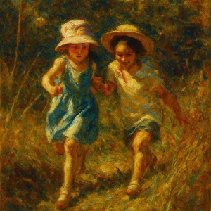 Tranh Nghệ thuật "Hai Đứa Trẻ Chạy Giữa Rừng" VIETSMART ART - Sơn dầu 60 x 90cm