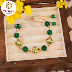 Viviann 4  Colors Green Jade Chalcedony Four Leaf Clover Red Agate Bracelet For women Jade Beads Strand Bracelets Women Fine Jewelry Charm Jewellery Gifts Bangle