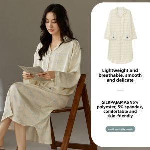 Miiow | Cat Woman Ice Silk Sleepwear Loose Spring Autumn Long Sleeve Striped Home Clothes Suitable For Outdoor Wear Casual Style