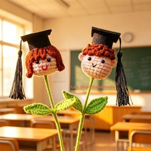 Hand Crocheted Sunflower Bouquet Graduation Cap Teachers Day Gift Finished Yarn Flower Arrangement Cartoon Style Desktop Decoration