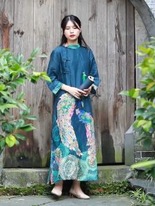 daidai (Ready Stock) Women Long Cheongsam A-line Skirt Muslimah Peacock Skirt Cny Baju 民族风棉麻印花连衣裙七分袖立领盘扣改良旗袍春亚麻长款A字裙子