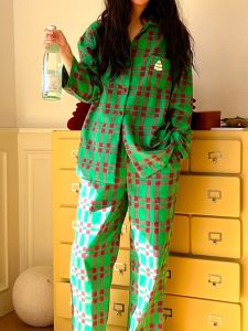 Retro Christmas Plaid Shirt Couples Sleepwear Set Home Clothes Men Women Long Sleeve Polyester Cotton Brushed Home Clothes