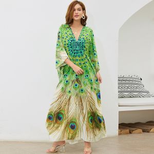 Yunnan Xishuangbanna Dress Loose Bohemia Peacock Printings Large Swing Dress Vacation Style Spring and Summer Robe