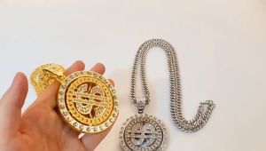 Rotatable US Dollar Pendant Necklace Men Gold Sliver Color Ice Out Crystal Sign Rock Pendant Bling Rapper Bling Jewerly Fashion Dollar Pendant Necklaces Men Hip Hop Jewelry Gold Long Chain Big Necklace Steampunk Rhinestone Ring Necklace Gift