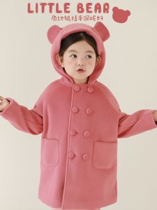 Áo Khoác Len Tai Gấu Trùm Đầu Trung Bình Dài Mùa Đông Ấm Áp Dễ Thương Chống Gió Trẻ Em Áo Khoác Trẻ Em Mùa Đông Trẻ Em