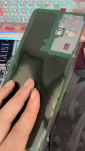 A +++ Pintu Belakang Kaca untuk Samsung Galaxy S21 Ultra 5G Penutup Baterai Casing Rumah Belakang dengan Perekat Lensa Bingkai Kamera