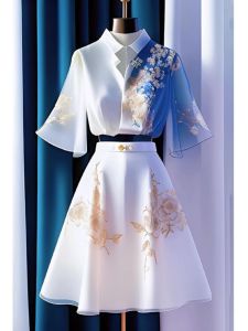[In Stock] Temperament Goddess Style New Chinese Style White Short Shirt Skirt Two-piece Set Womens Summer